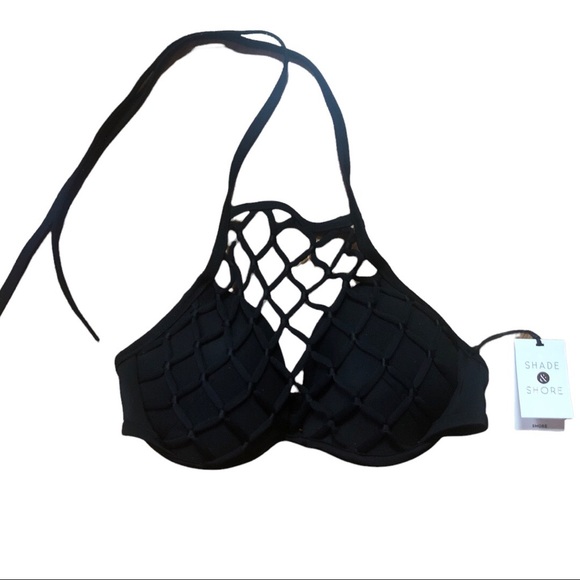 Shade & Shore Black Bikini Top Halter Tie Mesh Like Neckline Size 34C NWT - Picture 5 of 10